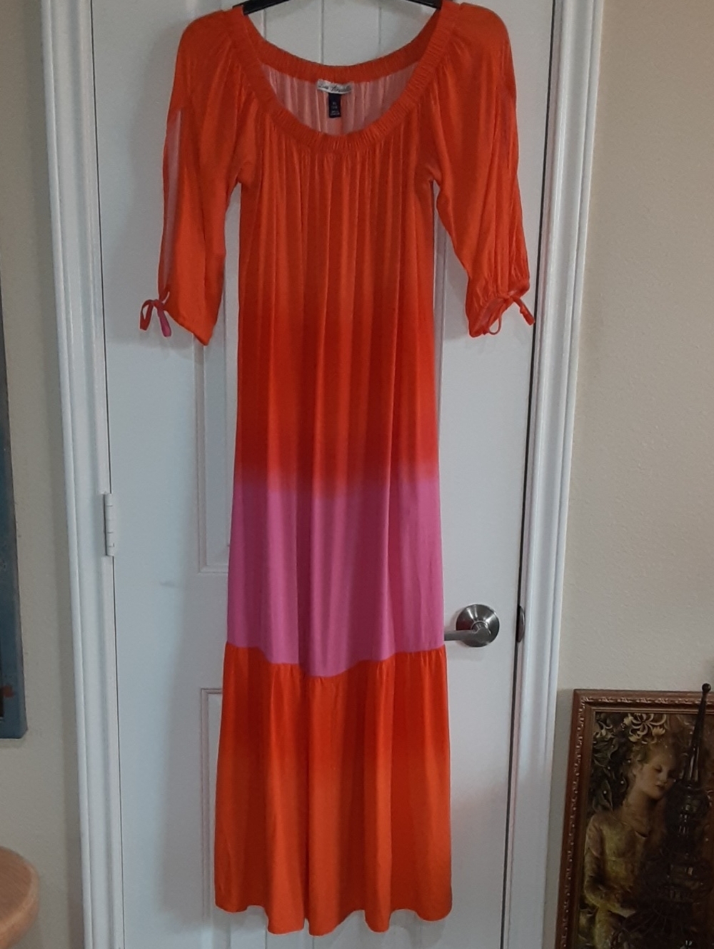 Linea Donatella Orange & Pink Ombre Peasant Maxi Dress XS Pockets